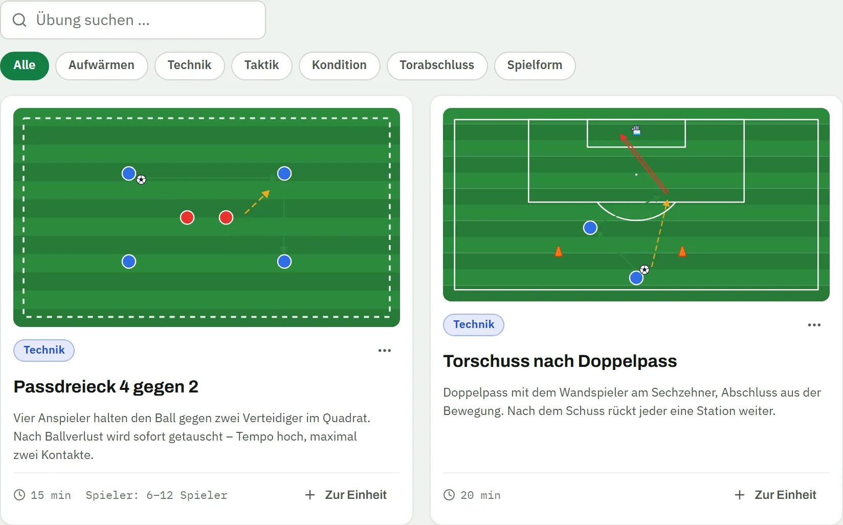 Übungsbibliothek: Suche, Kategorie-Filter von Aufwärmen bis Spielform und zwei Übungskarten mit Skizze – Passdreieck 4 gegen 2 (Technik, 15 Minuten) und Torschuss nach Doppelpass (Technik, 20 Minuten)