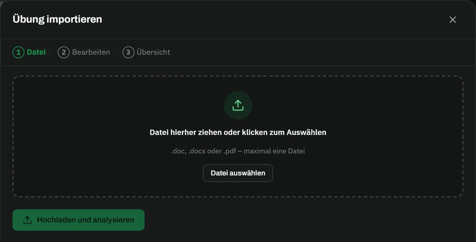Dialog „Übung importieren" mit den Schritten Datei, Bearbeiten und Übersicht sowie einer Ablagefläche für .doc, .docx oder .pdf