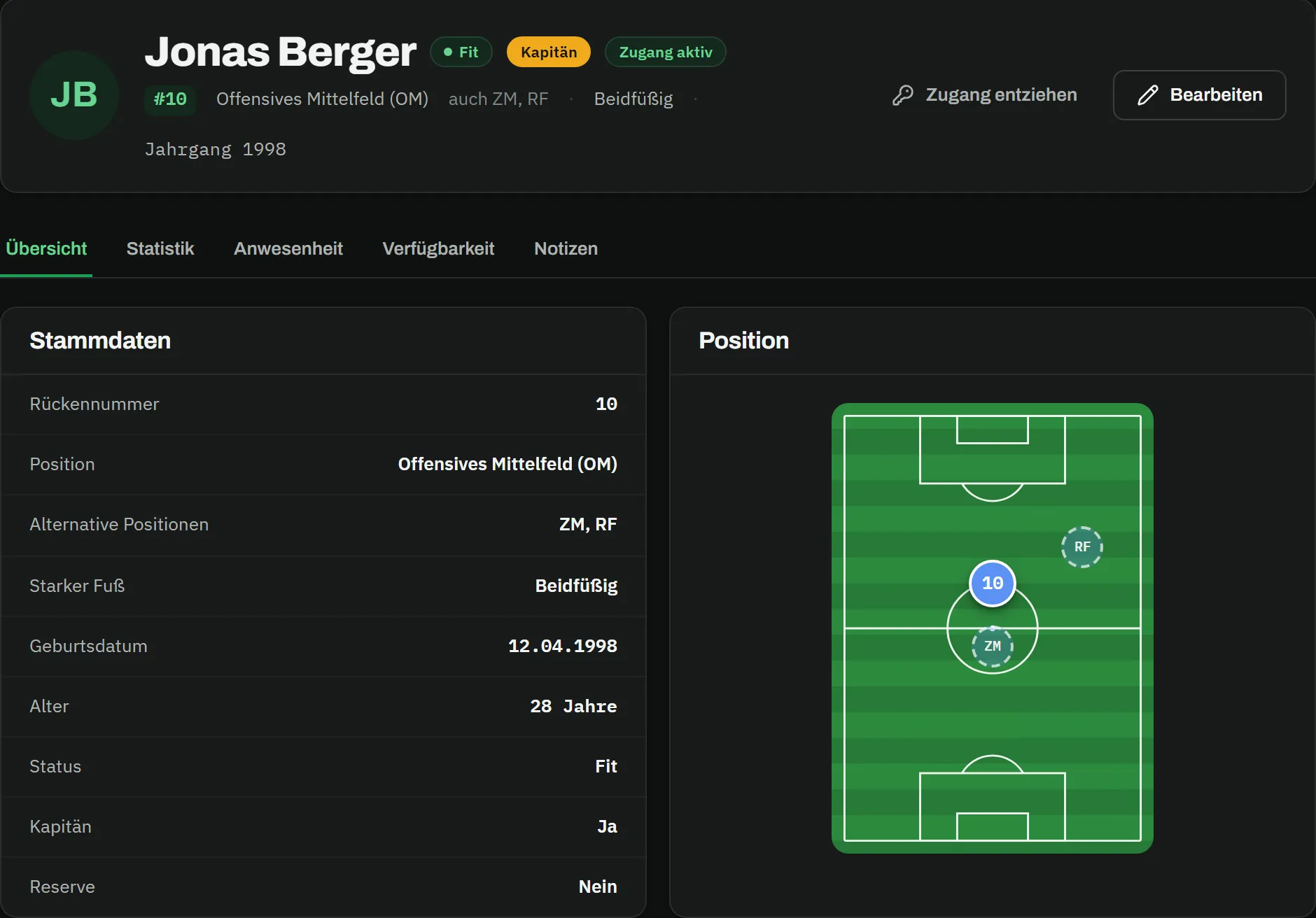 Spielerprofil von Jonas Berger, Nummer 10, offensives Mittelfeld, Kapitän: Stammdaten und eine Positionsgrafik mit Haupt- und Zweitpositionen