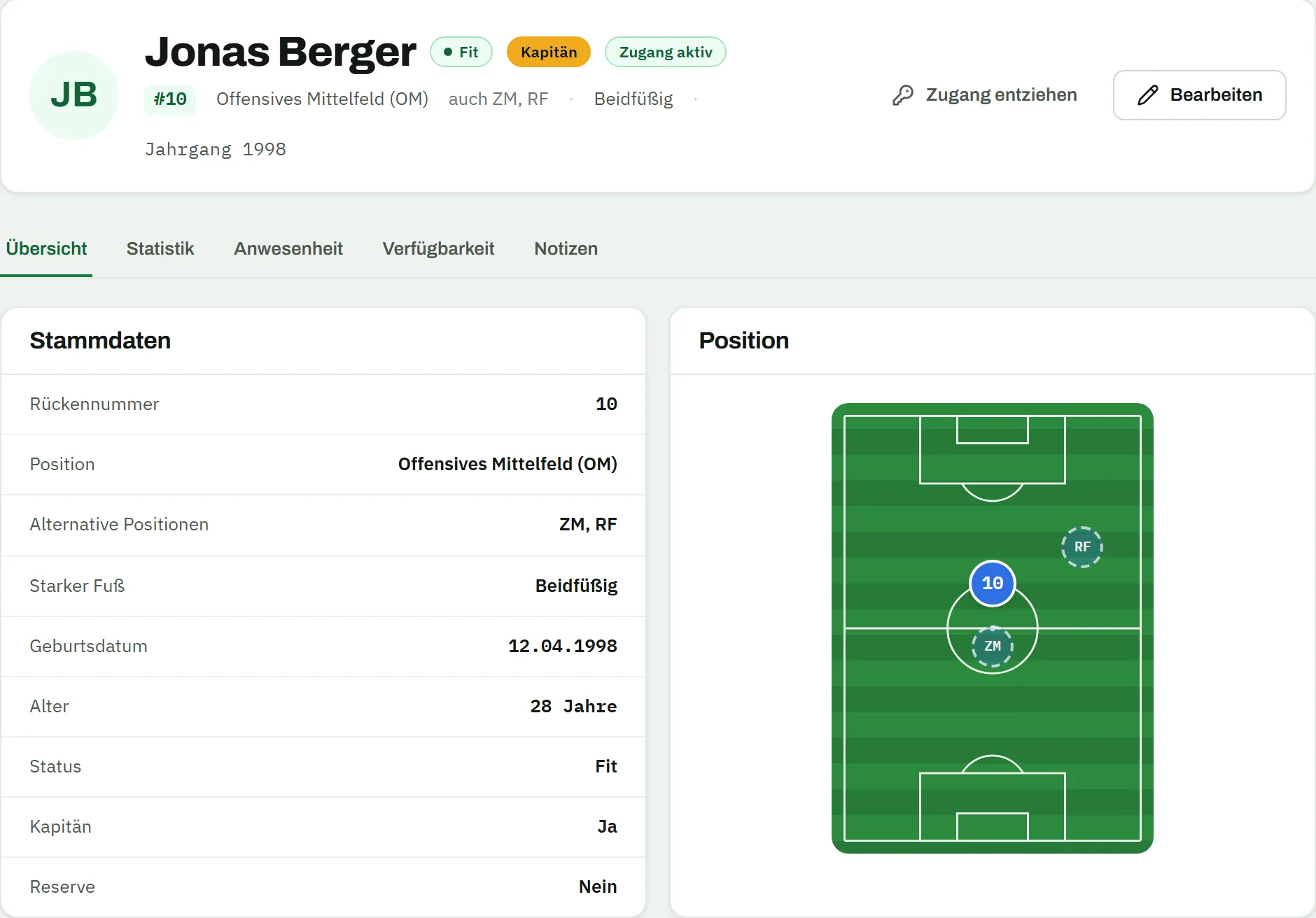 Spielerprofil von Jonas Berger, Nummer 10, offensives Mittelfeld, Kapitän: Stammdaten und eine Positionsgrafik mit Haupt- und Zweitpositionen
