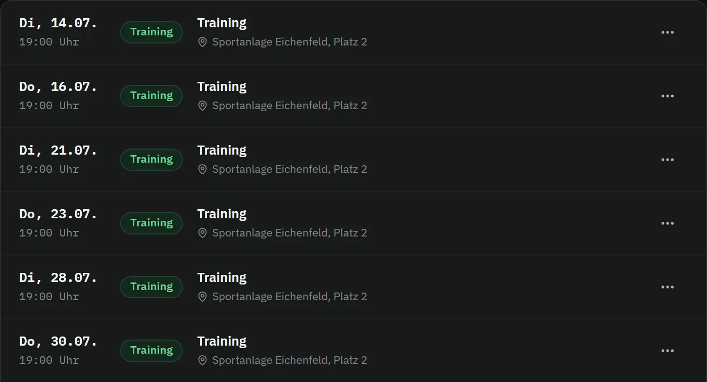 Trainingsplan: Trainings dienstags und donnerstags um 19 Uhr auf der Sportanlage Eichenfeld, Platz 2