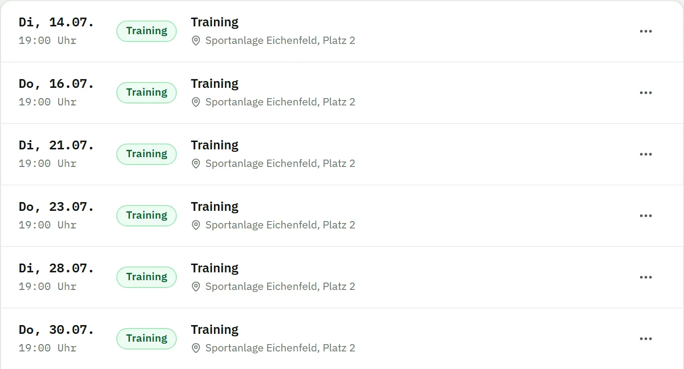 Trainingsplan: Trainings dienstags und donnerstags um 19 Uhr auf der Sportanlage Eichenfeld, Platz 2